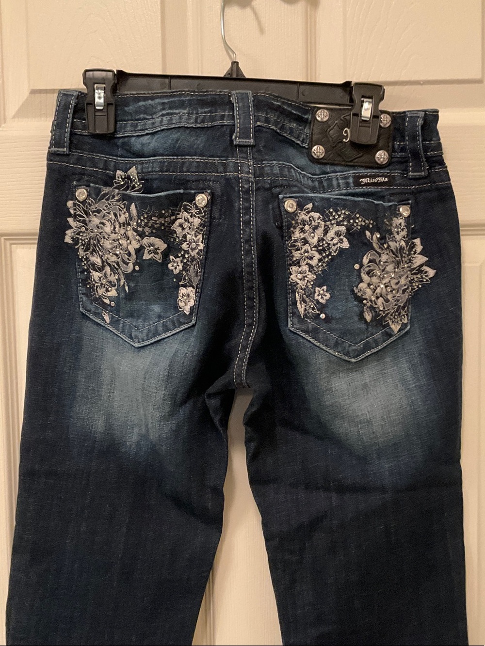 Miss Me Dark Blue Bootcut Jeans with White Floral Pocket Embroidery
